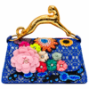 Corvane MAJESTA 7358 top handle bag in blue jacquard lace with multicolour floral embellishment and sculptural gold-tone leopard handle