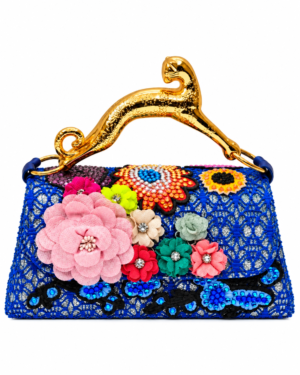 Corvane MAJESTA 7358 top handle bag in blue jacquard lace with multicolour floral embellishment and sculptural gold-tone leopard handle
