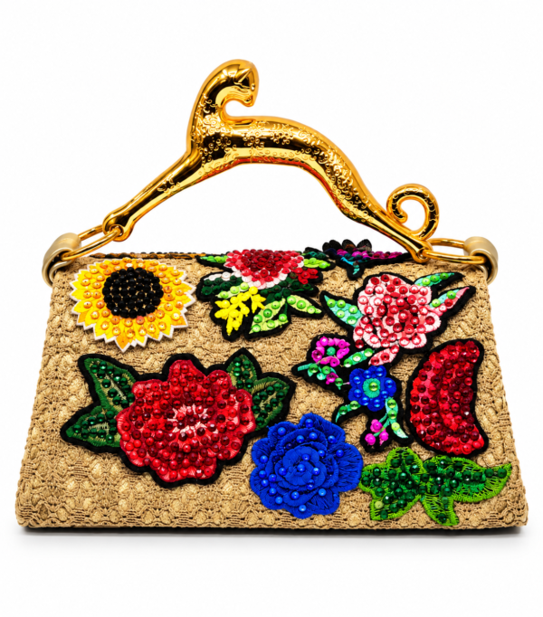 Corvane MAJESTA 4276 top handle bag, back view showing tan-beige jacquard lace with colourful floral embellishment and sculptural gold-tone leopard handle