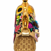 Corvane MAJESTA 4276 top handle bag, side view showing tan-beige jacquard lace, light metallic gold leather and sculptural gold-tone leopard handle