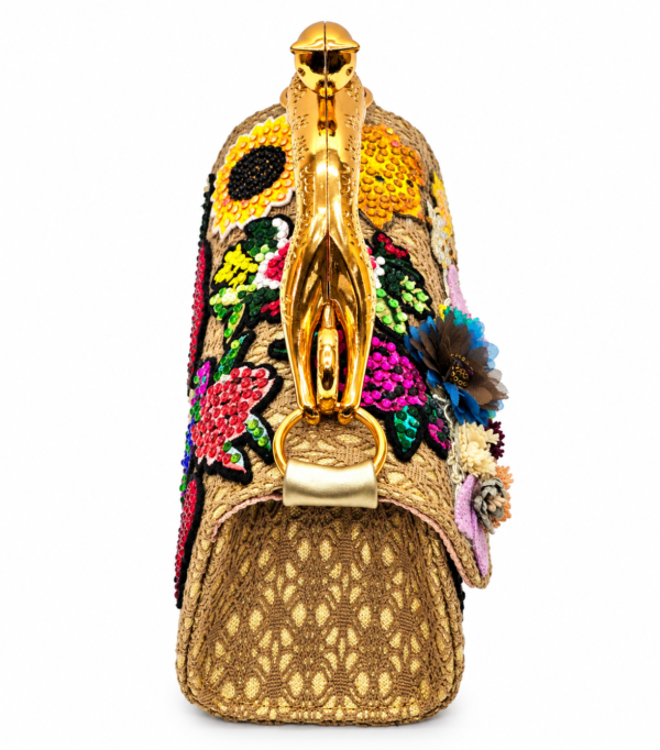 Corvane MAJESTA 4276 top handle bag, side view showing tan-beige jacquard lace, light metallic gold leather and sculptural gold-tone leopard handle