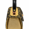 HelaSol AL MMidi Leopard Olivine structured handbag, side view showing glossy muted olive-gold patent leather with metallic spotted finish