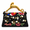 Corvane MAJESTA 9583 top handle bag, front view in black jacquard lace with multicolour floral embellishment and sculptural gold-tone leopard handle