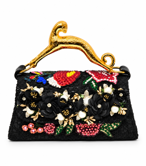 Corvane MAJESTA 9583 top handle bag, front view in black jacquard lace with multicolour floral embellishment and sculptural gold-tone leopard handle