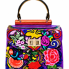 HelaSol Roidery Midi 4189 handbag, front view with multicolour floral Roidery on a rich purple ground