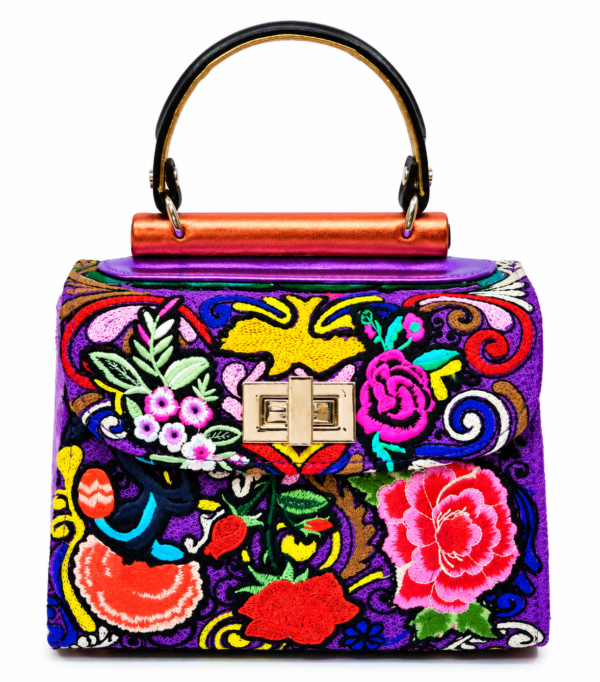 HelaSol Roidery Midi 4189 handbag, front view with multicolour floral Roidery on a rich purple ground