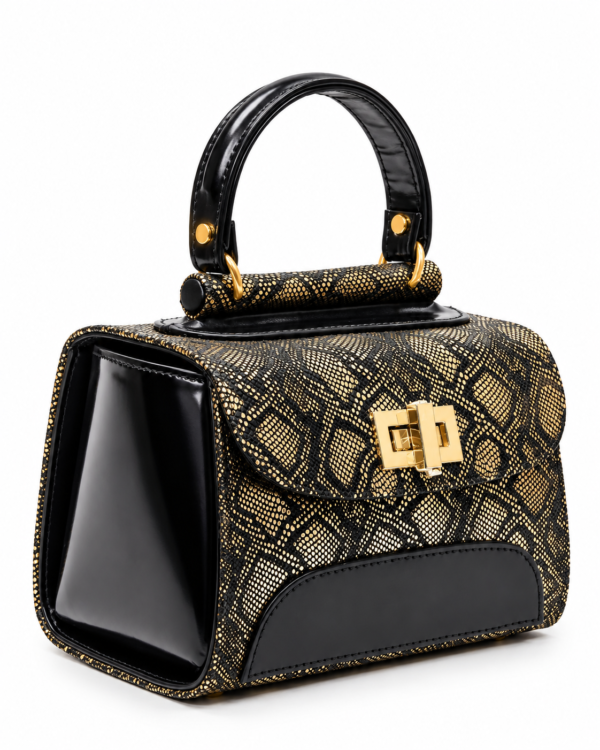 HelaSol AL PMidi Noir Doré black and gold leather handbag, front-side angled view