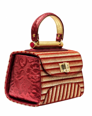 HelaSol AL PMidi Aurum Rouge Impérial structured handbag, front-side angled view showing contrasting red leather side panel