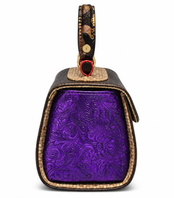 HelaSol AL MMidi Viola Bronze structured handbag, side view showing vivid metallic-purple embossed floral-patterned leather