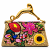 Corvane MAJESTA 8426 top handle bag, back view showing tan-beige jacquard lace with layered floral embellishment and sculptural gold-tone leopard handle