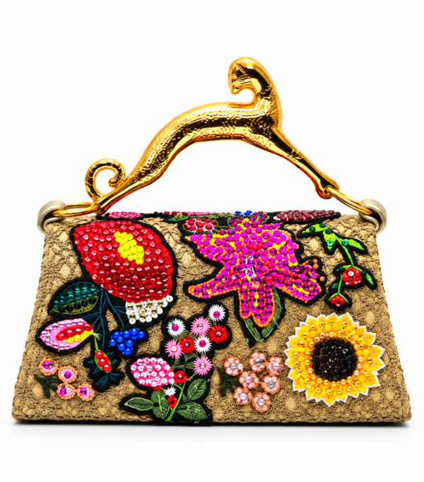 Corvane MAJESTA 4276 top handle bag, back view showing tan-beige jacquard lace with colourful floral embellishment and sculptural gold-tone leopard handle