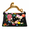 Corvane MAJESTA 8147 top handle bag, front view in black jacquard lace with multicolour floral embellishment and sculptural gold-tone leopard handle