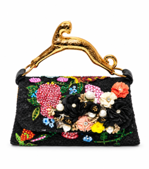 Corvane MAJESTA 8147 top handle bag, front view in black jacquard lace with multicolour floral embellishment and sculptural gold-tone leopard handle