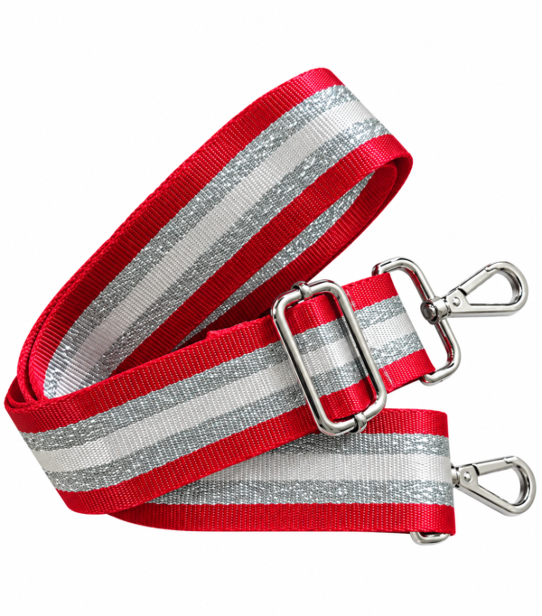 Scarlet red, silver and white 34-inch adjustable detachable webbing strap with silver-tone hardware, compatible with Sísí Èkó Àrà Scarlet Silver and sold separately