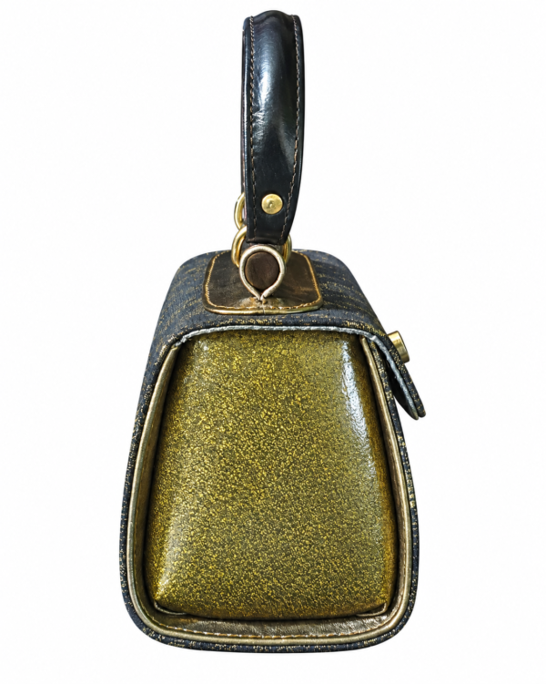 HelaSol AL MiMidi Leopard Olivine structured handbag, side view showing glossy muted olive-gold patent leather with metallic spotted finish