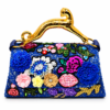 Corvane MAJESTA 6241 top handle bag, front view in blue jacquard lace with multicolour floral embellishment and sculptural gold-tone leopard handle