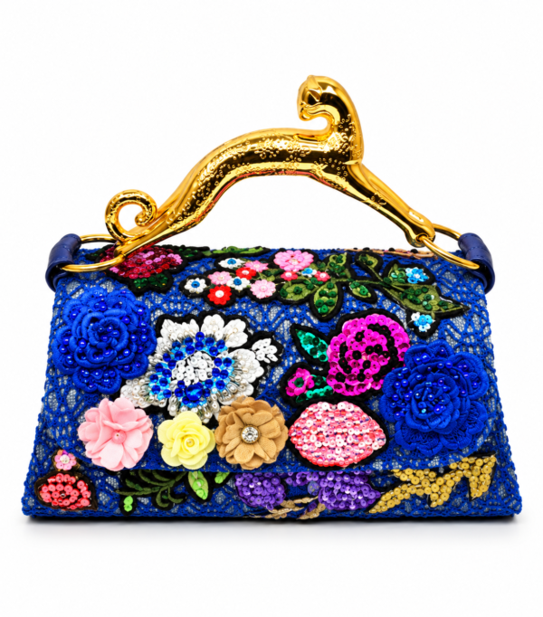 Corvane MAJESTA 6241 top handle bag, front view in blue jacquard lace with multicolour floral embellishment and sculptural gold-tone leopard handle