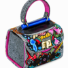 HelaSol Roidery Midi 6194 handbag, Top-side angled view showing multicolour floral Roidery, charcoal speckled side leather and cobalt blue handlebar