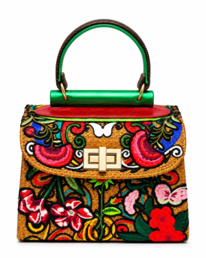 HelaSol Roidery Midi 5816 handbag, front view showing multicolour floral Roidery with red, green, pink and white detailing