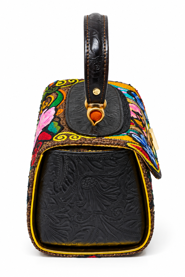 HelaSol Roidery Midi 7641 handbag, side view showing deep chocolate-brown leather with Baroque stencilling and gold piping