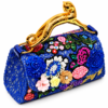 Corvane MAJESTA 6241 top handle bag, front-side angled view showing blue jacquard lace, dimensional floral embellishment and gold-tone leopard handle