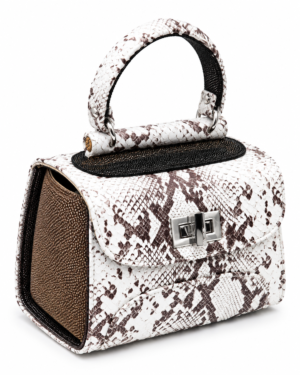 HelaSol AL PMidi Ivoire Sépia structured handbag, front-side angled view showing antique-brown speckled nubuck suede side panel
