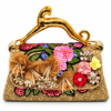 Corvane MAJESTA 8426 top handle bag in tan-beige jacquard lace with multicolour botanical embellishment and sculptural gold-tone leopard handle