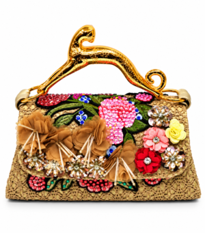 Corvane MAJESTA 8426 top handle bag in tan-beige jacquard lace with multicolour botanical embellishment and sculptural gold-tone leopard handle