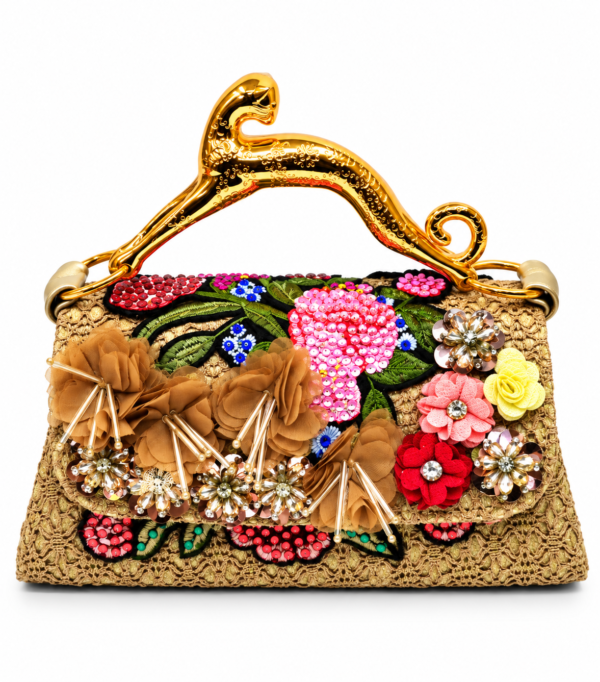 Corvane MAJESTA 8426 top handle bag in tan-beige jacquard lace with multicolour botanical embellishment and sculptural gold-tone leopard handle