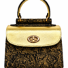 HelaSol AL PMidi Bronze Baroque handbag, front view in deep bronze raised Baroque-embossed leather with light metallic gold flap