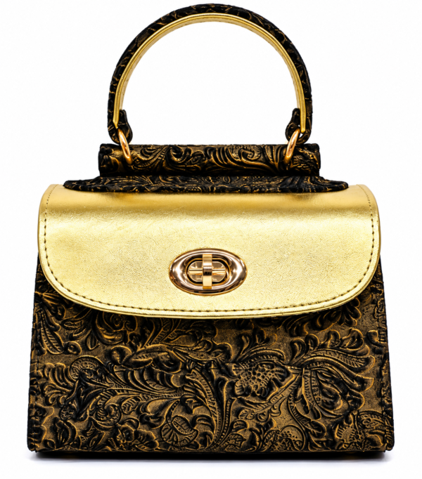 HelaSol AL PMidi Bronze Baroque handbag, front view in deep bronze raised Baroque-embossed leather with light metallic gold flap