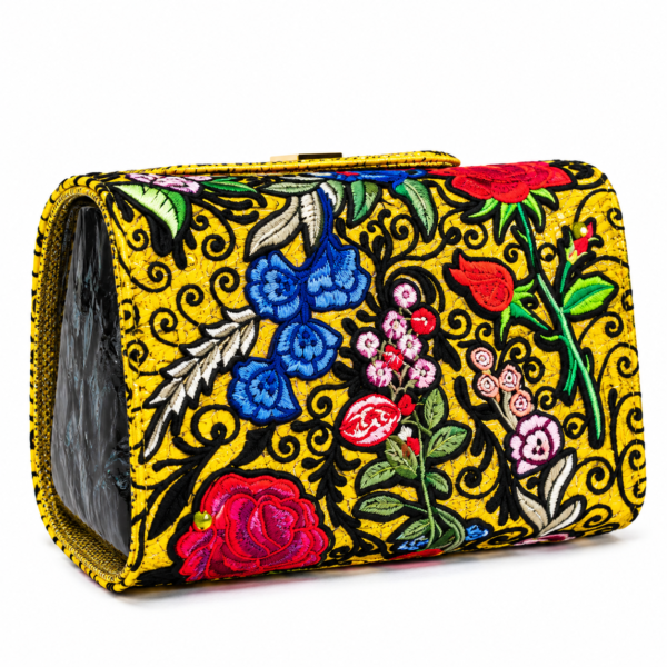 HelaSol Roidery Midi 2845 handbag, base view showing the continuation of the multicolour floral Roidery across the yellow suede leather