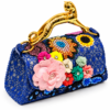 Corvane MAJESTA 7358 top handle bag, front-side angled view showing blue jacquard lace, dimensional floral embellishment and gold-tone leopard handle
