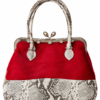 Sísí Èkó Àrà Scarlet Silver handbag, front view in scarlet red hair-on-hide leather with silver and white python-print leather base and handles