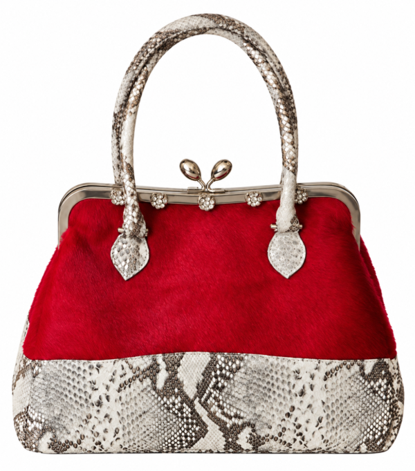 Sísí Èkó Àrà Scarlet Silver handbag, front view in scarlet red hair-on-hide leather with silver and white python-print leather base and handles