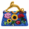 Corvane MAJESTA 7358 top handle bag, back view showing blue jacquard lace with colourful floral embellishment and sculptural gold-tone leopard handle