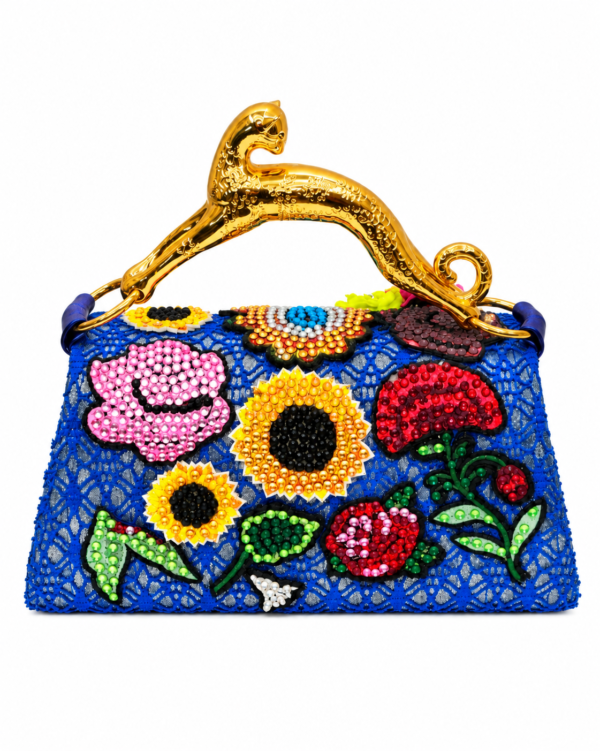 Corvane MAJESTA 7358 top handle bag, back view showing blue jacquard lace with colourful floral embellishment and sculptural gold-tone leopard handle