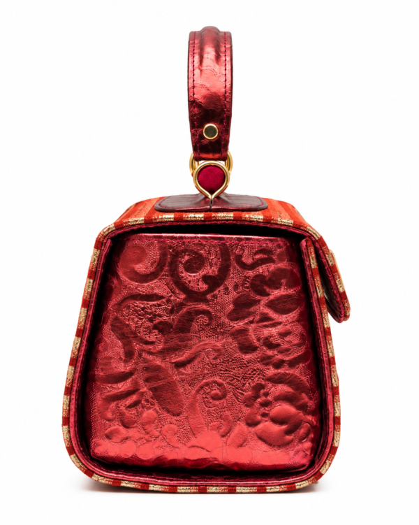 HelaSol AL PMidi Aurum Rouge Impérial handbag, side view showing richly embossed red leather panel