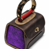 HelaSol AL MMidi Viola Bronze structured handbag, top-side angled view showing metallic-red handle bar, antique-gold handle base and metallic-purple side panel
