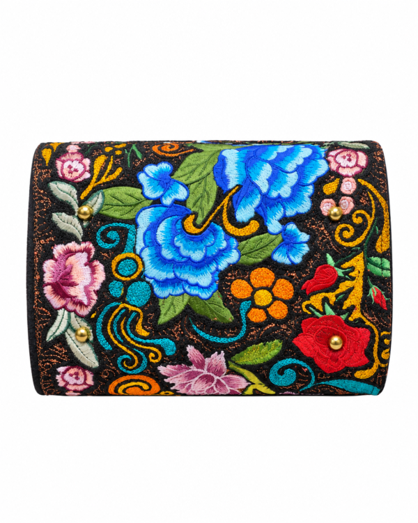 HelaSol Roidery Midi 3528 base view showing multicolour floral Roidery extending across the suede leather base with gold-tone protective feet