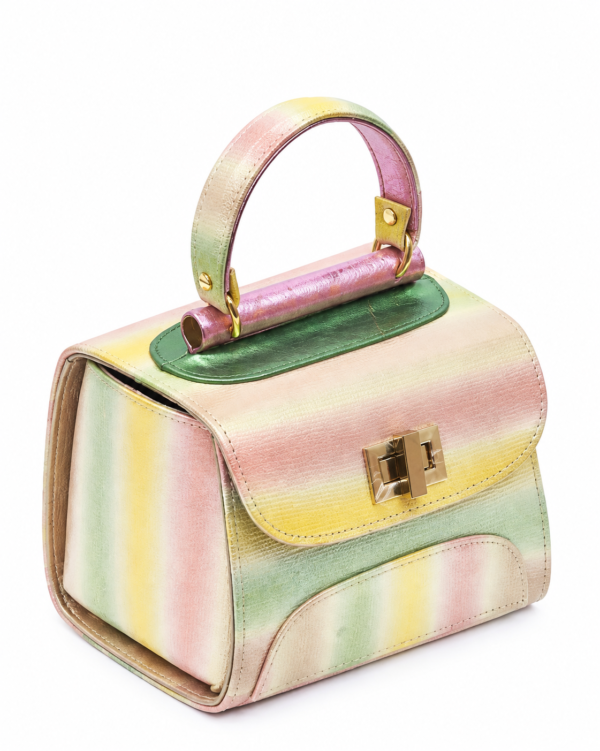 HelaSol AL PMidi Candy Stripes structured handbag, top-side angled view showing handle and green top detailing