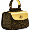 HelaSol AL PMidi Bronze Baroque handbag, front-side angled view showing deep bronze embossed leather body and light metallic gold flap