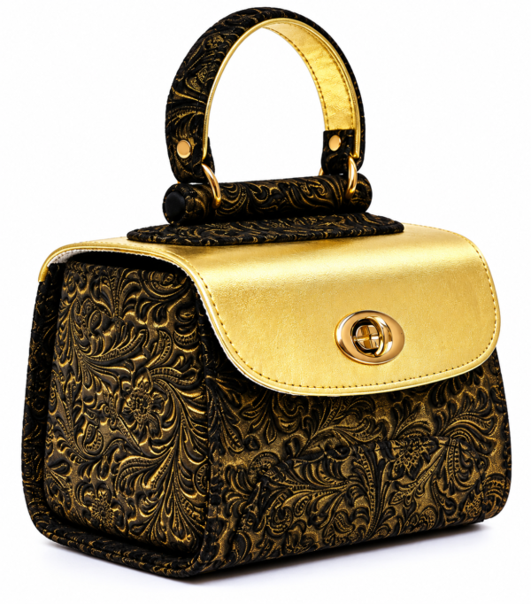HelaSol AL PMidi Bronze Baroque handbag, front-side angled view showing deep bronze embossed leather body and light metallic gold flap