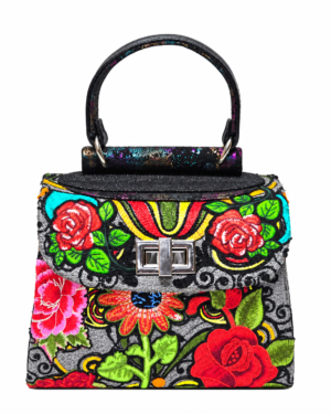 HelaSol Roidery Midi 5472 handbag, front view with multicolour floral Roidery on silver-grey suede leather