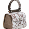 HelaSol AL MMidi Ivoire Sépia structured handbag, front-side angled view showing ivory and brown patterned leather with antique-brown speckled nubuck suede side panel