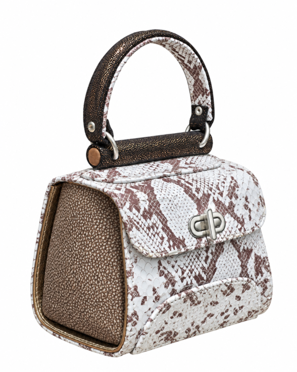 HelaSol AL MMidi Ivoire Sépia structured handbag, front-side angled view showing ivory and brown patterned leather with antique-brown speckled nubuck suede side panel