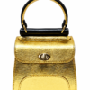 HelaSol AL MMidi Wúrà Dúdú structured metallic gold leather handbag, front view showing glossy black top-handle and handle-bar detailing