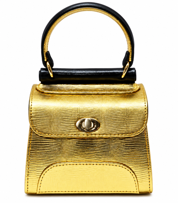 HelaSol AL MMidi Wúrà Dúdú structured metallic gold leather handbag, front view showing glossy black top-handle and handle-bar detailing