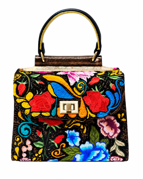 HelaSol Roidery Midi 3528 handbag, front view showing multicolour floral Roidery on black suede leather with polished gold-tone turn-lock fitting