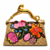 Corvane MAJESTA 5632 top handle bag, back view showing tan-beige jacquard lace, colourful dimensional embellishment and sculptural gold-tone leopard handle